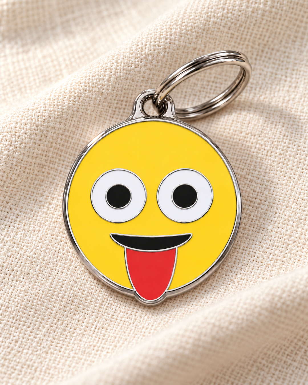 TAGiDOG Emoji Goofy dog ID tag on light linen