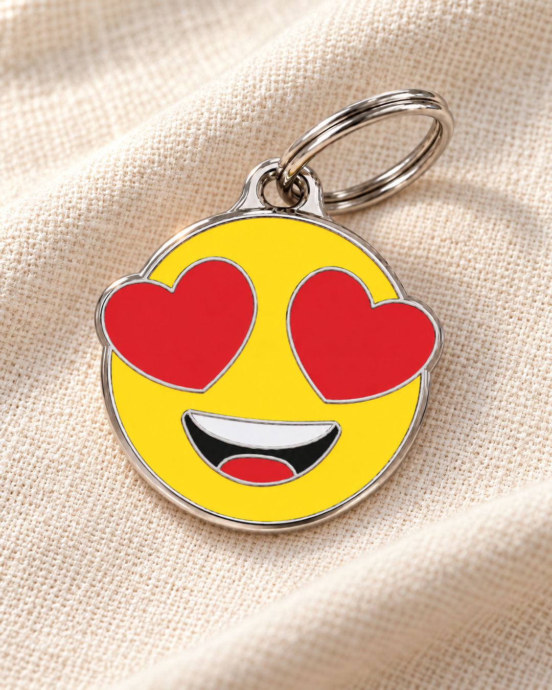 TAGiDOG Emoji Love Eyes dog ID tag on light linen