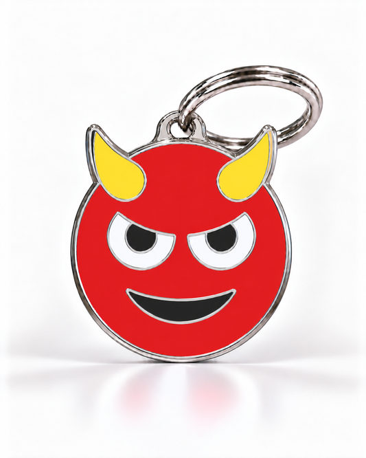 TAGiDOG Emoji Mischief dog ID tag, front view on white