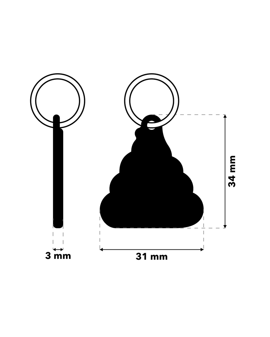 TAGiDOG Emoji Poopie ID tag dimensions, 31 mm wide and 34 mm high, 3 mm thickness