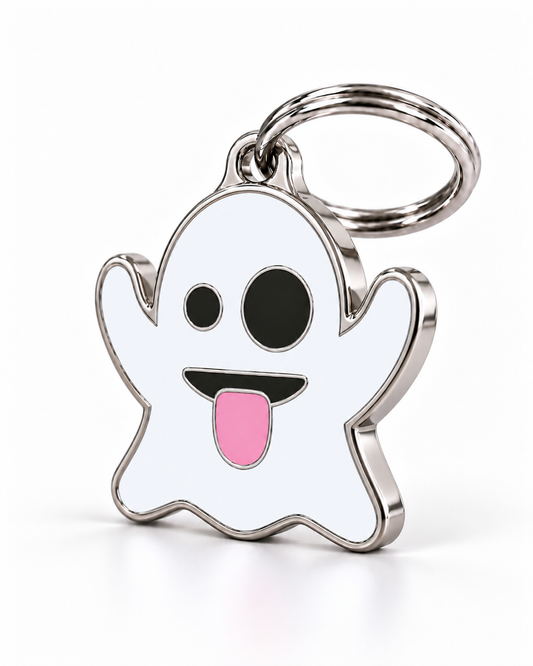TAGiDOG Emoji Silly Ghost dog ID tag, angled view