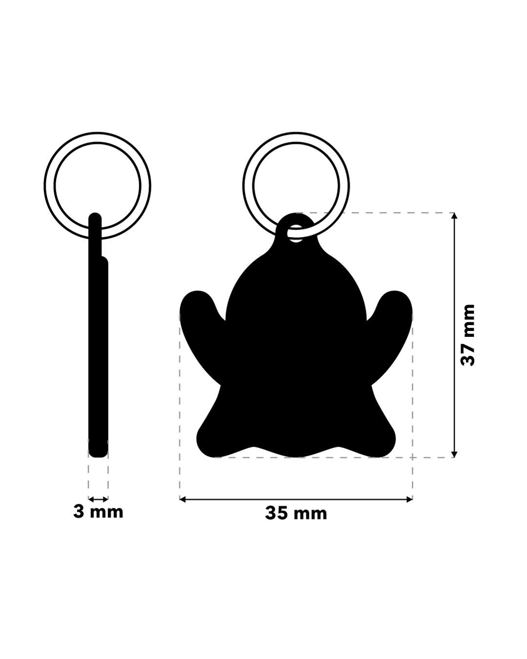 TAGiDOG Emoji Silly Ghost ID tag dimensions, 35 mm wide and 37 mm high, 3 mm thickness