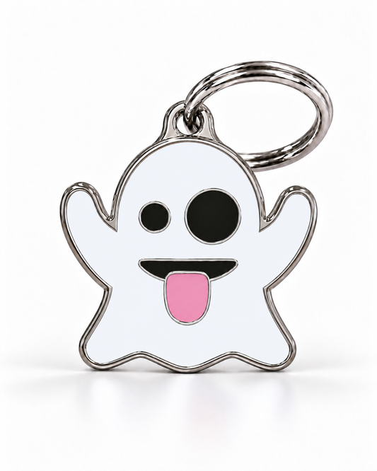 TAGiDOG Emoji Silly Ghost dog ID tag, front view on white