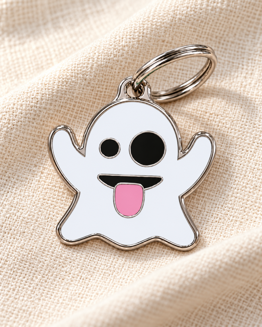 TAGiDOG Emoji Silly Ghost dog ID tag on light linen