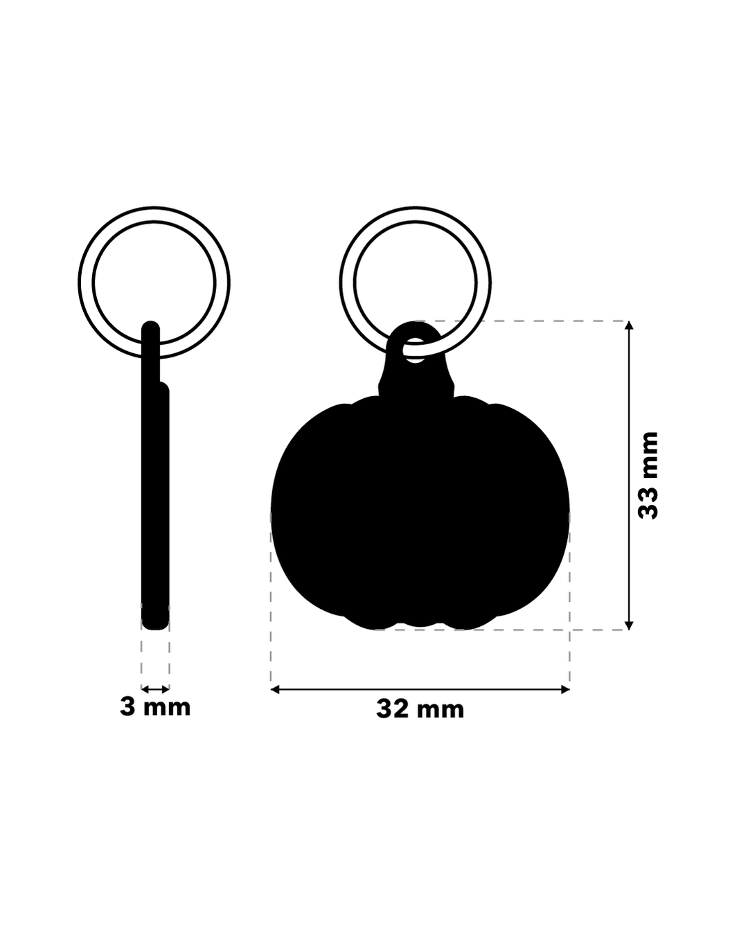 TAGiDOG Emoji Spooky Pumpkin ID tag dimensions, 32 mm wide and 33 mm high, 3 mm thickness