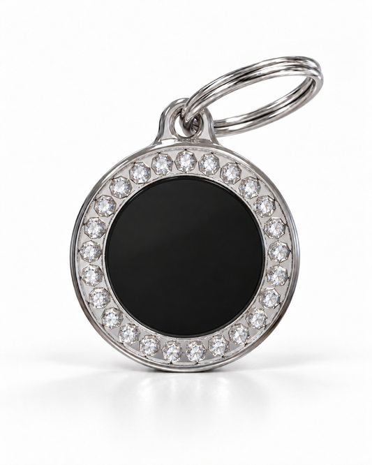 TAGiDOG Glorious Black Round ID Tag, front view on white