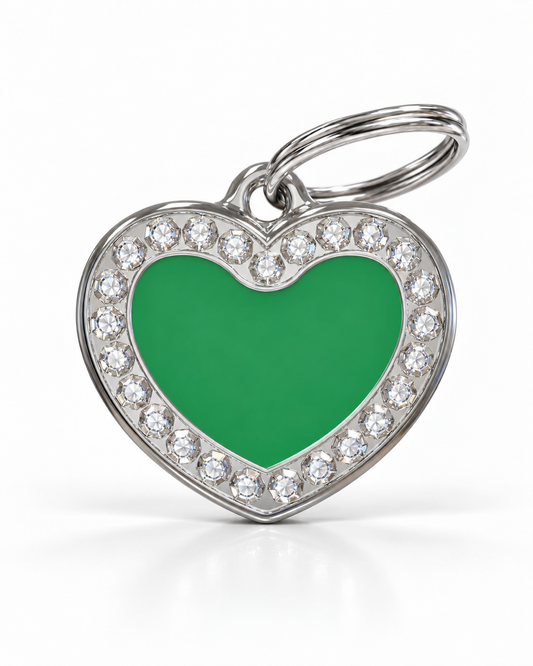 TAGiDOG Glorious Green Heart ID Tag, front view on white