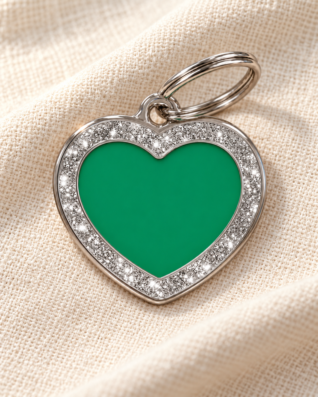 TAGiDOG Heart Spark Green ID Tag on light linen