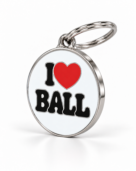 TAGiDOG I Love Ball ID tag dog ID tag, angled view