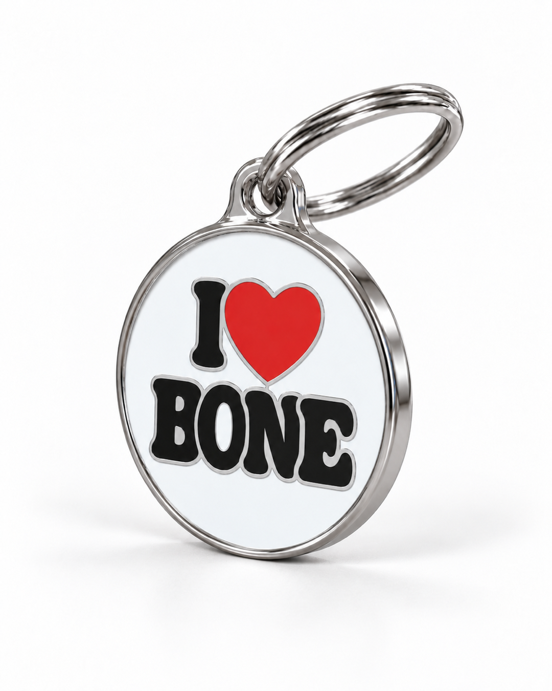 TAGiDOG I Love Bone ID tag dog ID tag, angled view