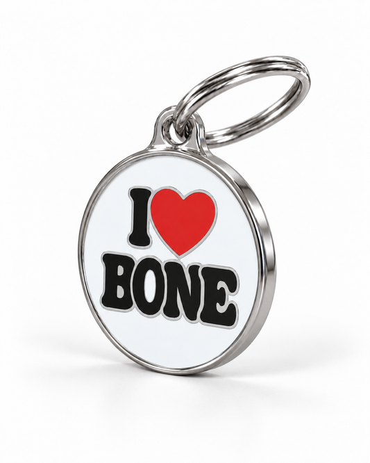 TAGiDOG I Love Bone ID tag dog ID tag, angled view