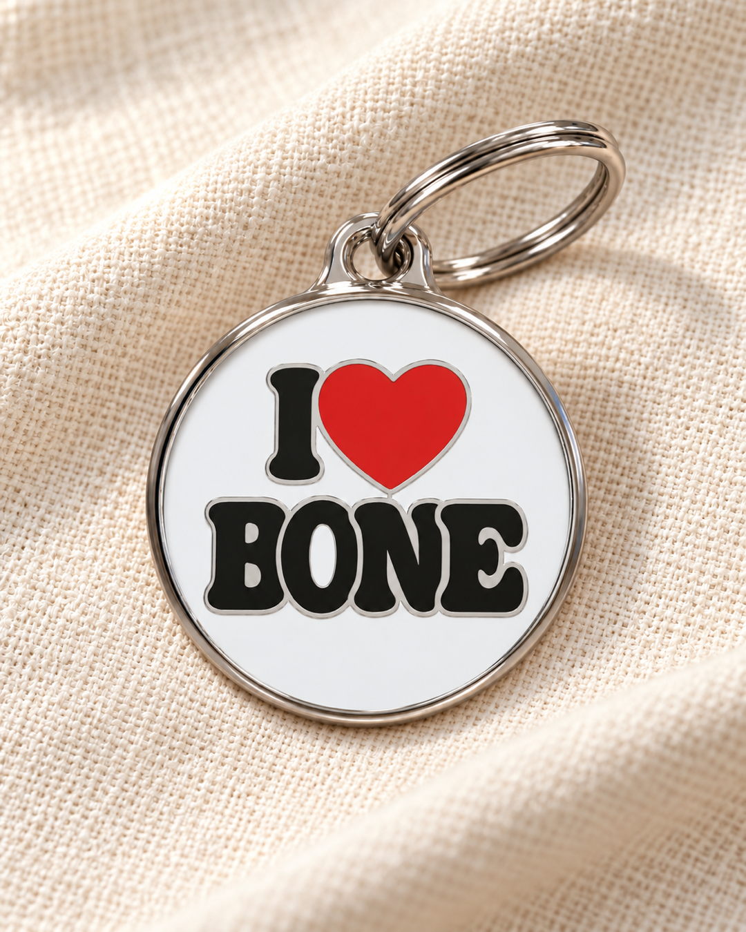 TAGiDOG I Love Bone ID tag dog ID tag on light linen