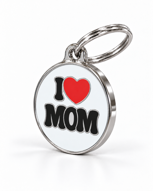TAGiDOG I Love Mom ID tag dog ID tag, angled view