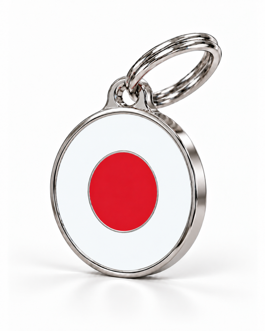 TAGiDOG Japan flag dog ID tag, angled view showing silver-tone edge