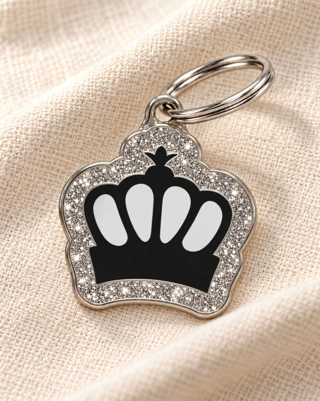 TAGiDOG King Spark Black ID Tag dog ID tag on light linen