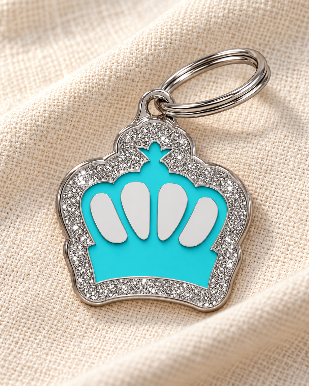 TAGiDOG King Spark Blue ID Tag on light linen