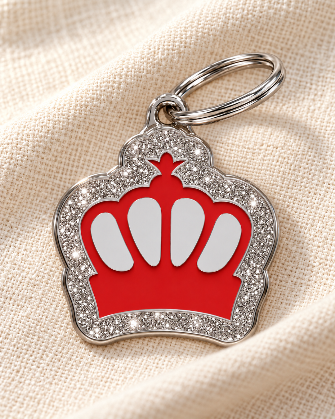 TAGiDOG King Spark Red ID Tag dog ID tag on light linen