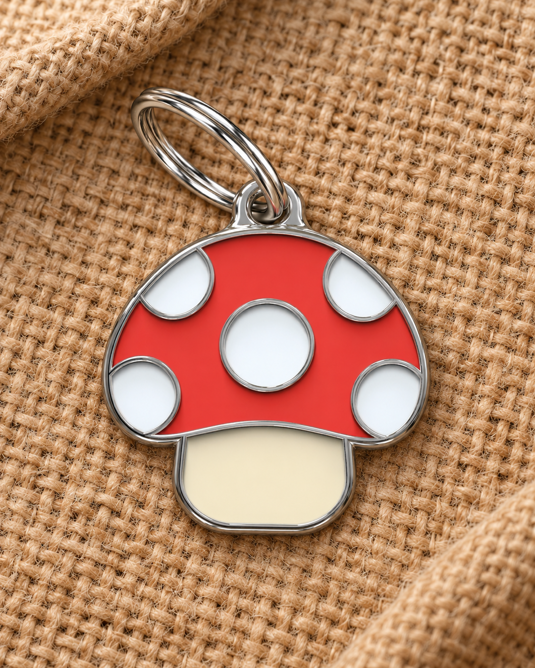 TAGiDOG Mushroom ID Tag dog ID tag on light linen