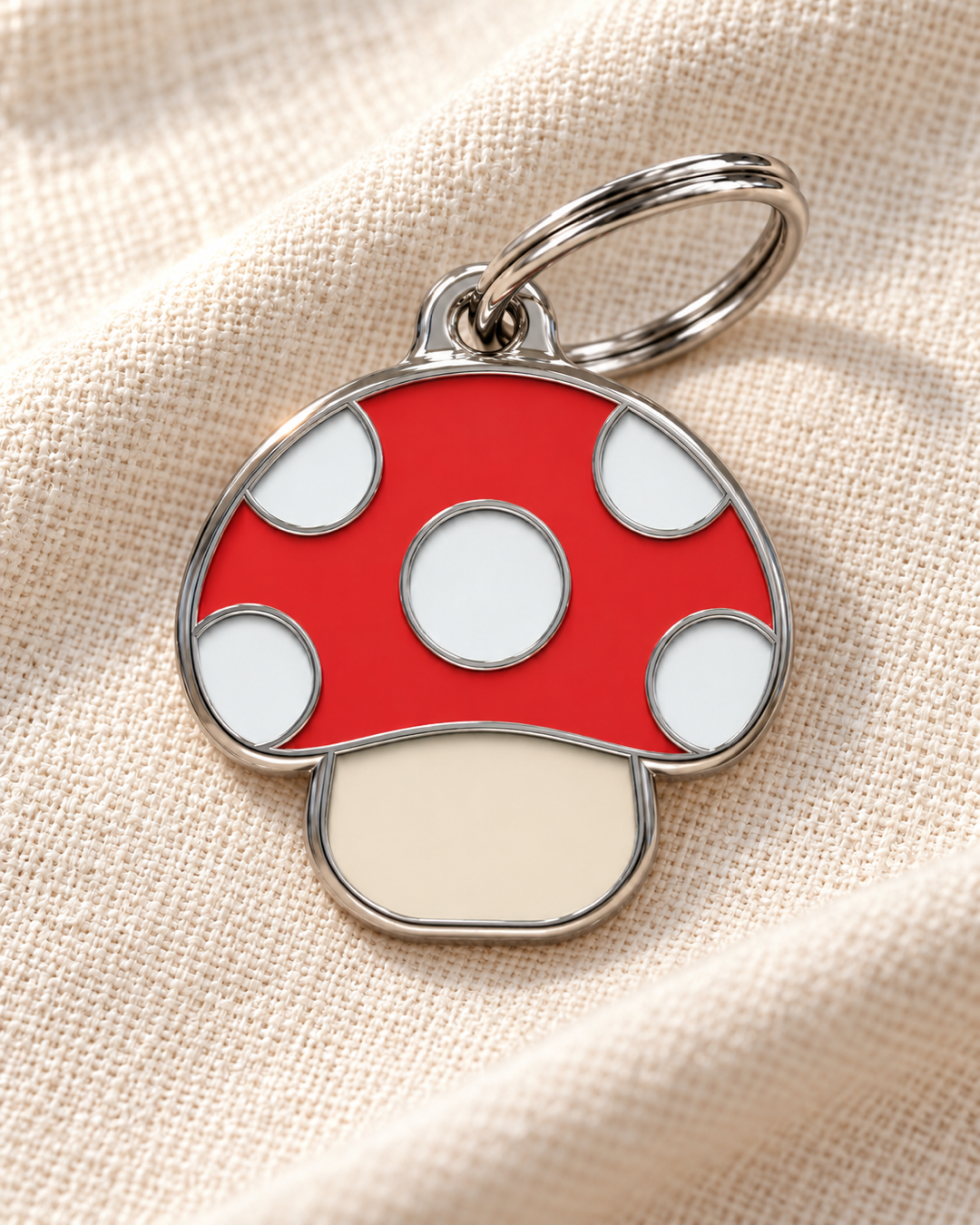 TAGiDOG Mushroom ID Tag dog ID tag on light linen