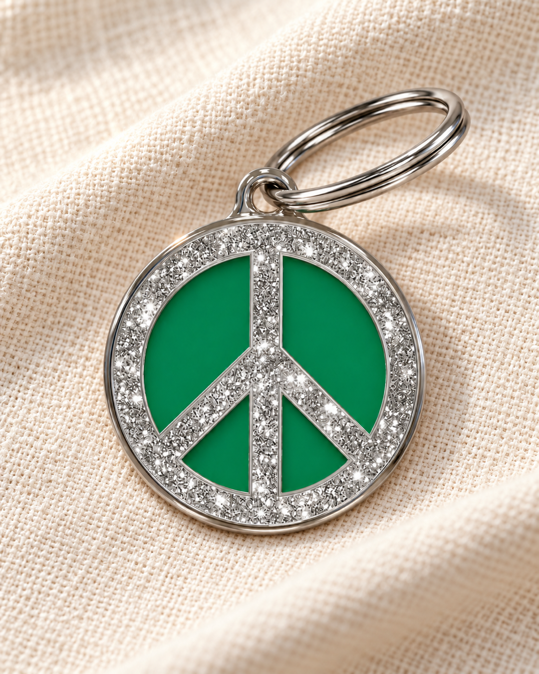 TAGiDOG Peace Spark Green ID Tag on light linen