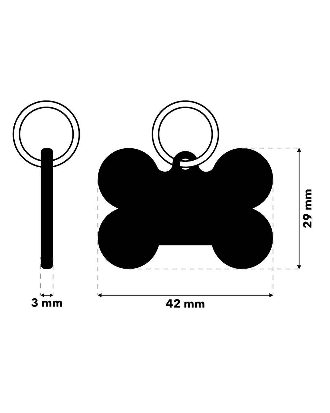 TAGiDOG Classic Bone ID Tag ID tag dimensions, 42 mm wide and 29 mm high, 3 mm thickness
