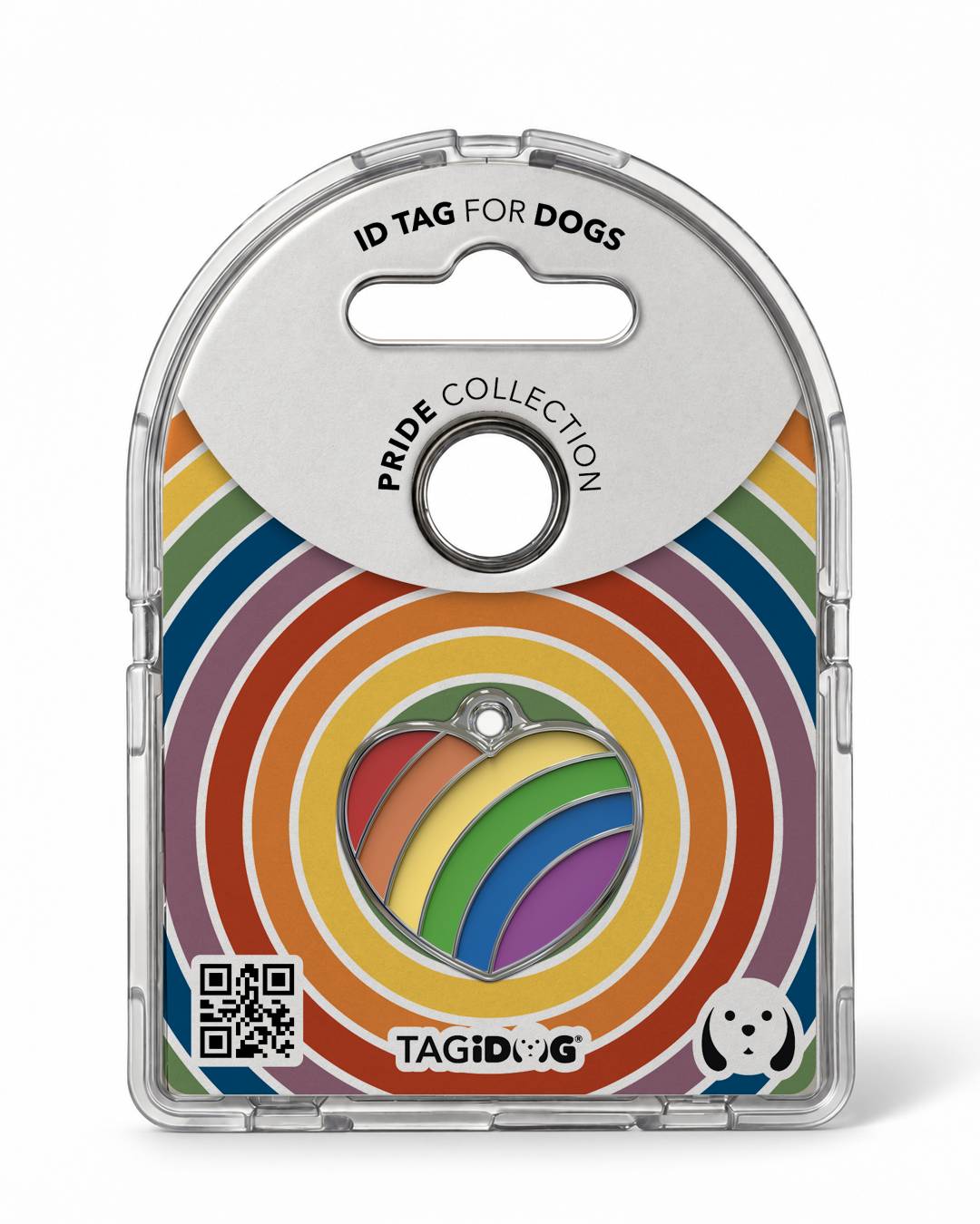 TAGiDOG Pride Heart Rainbow ID Tag in retail packaging