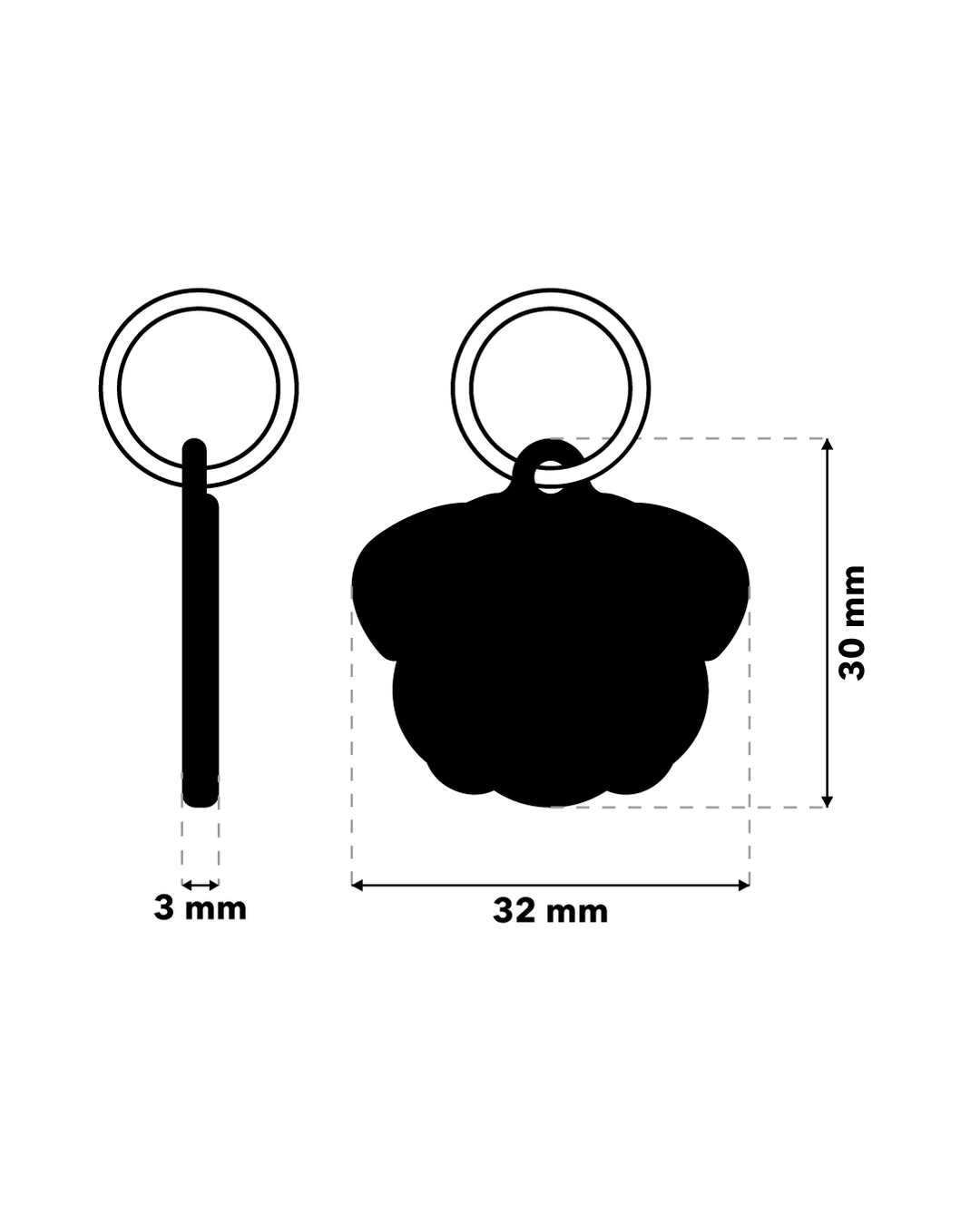 TAGiDOG Pug Dog ID Tag dimensions, 32 mm wide and 30 mm high, 3 mm thickness
