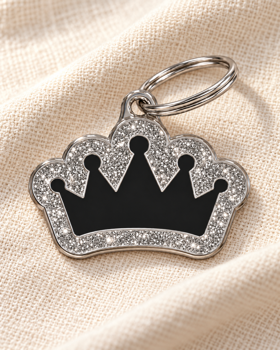 TAGiDOG Queen Spark Black ID Tag dog ID tag on light linen