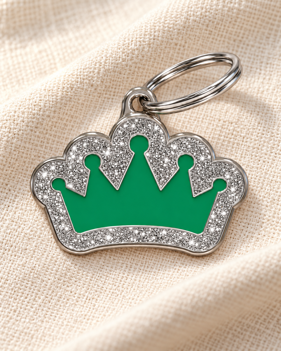 TAGiDOG Queen Spark Green ID Tag on light linen