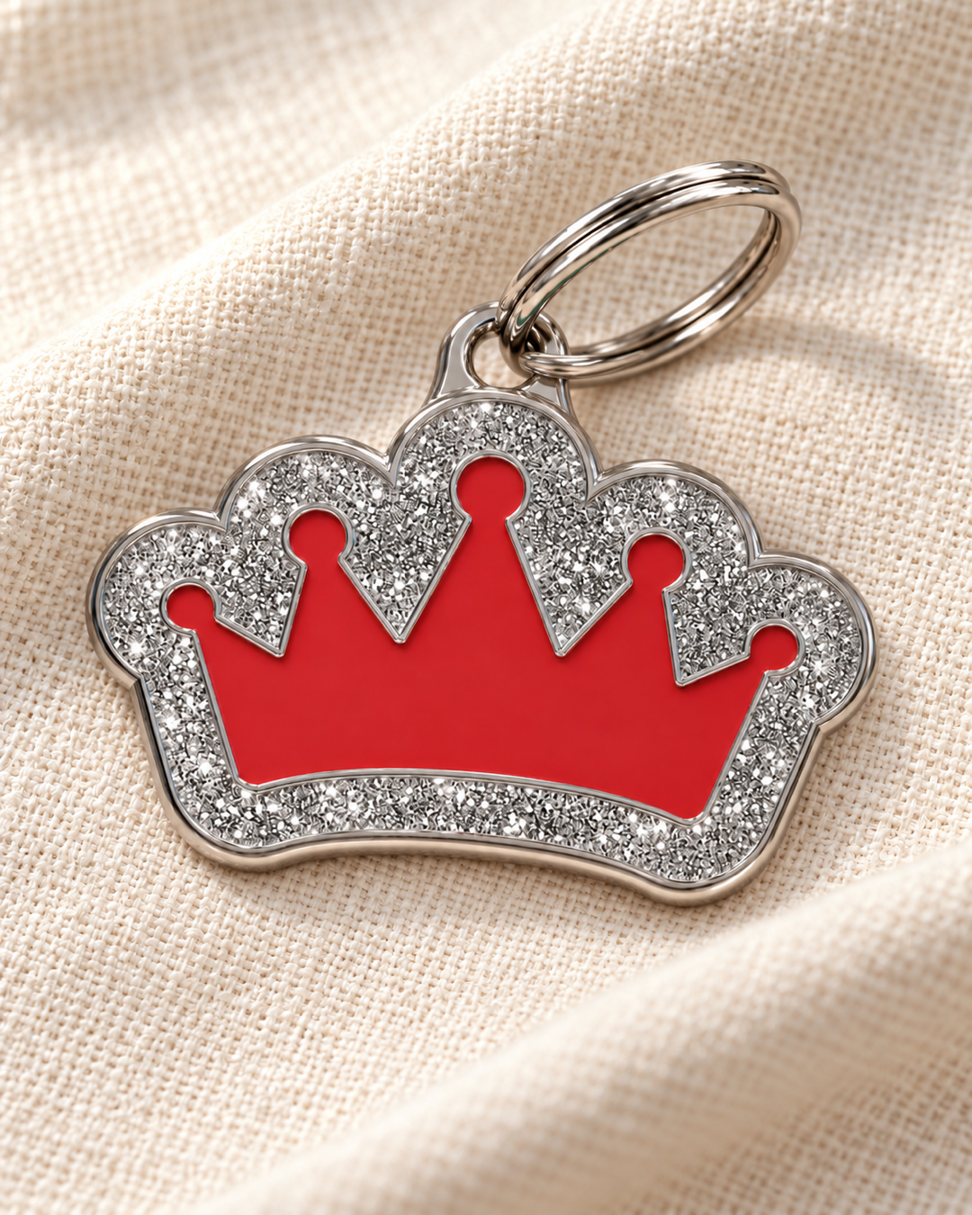 TAGiDOG Queen Spark Red dog ID tag on light linen