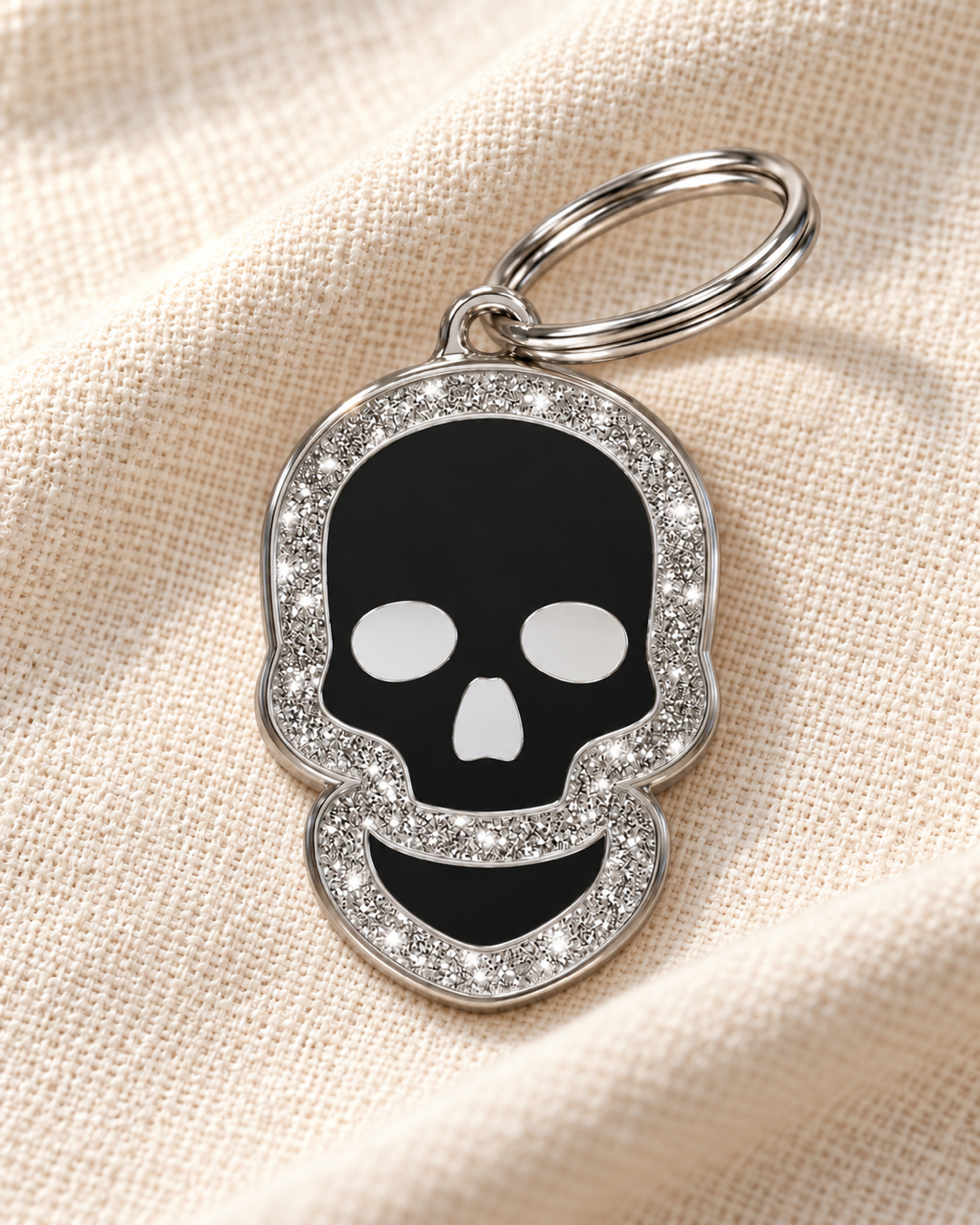 TAGiDOG Skull Spark Black ID Tag dog ID tag on light linen