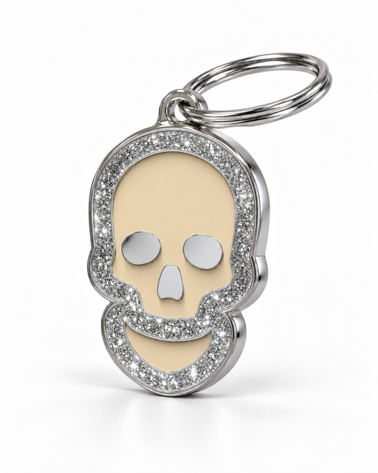 TAGiDOG Skull Spark Cream ID Tag dog ID tag, angled view