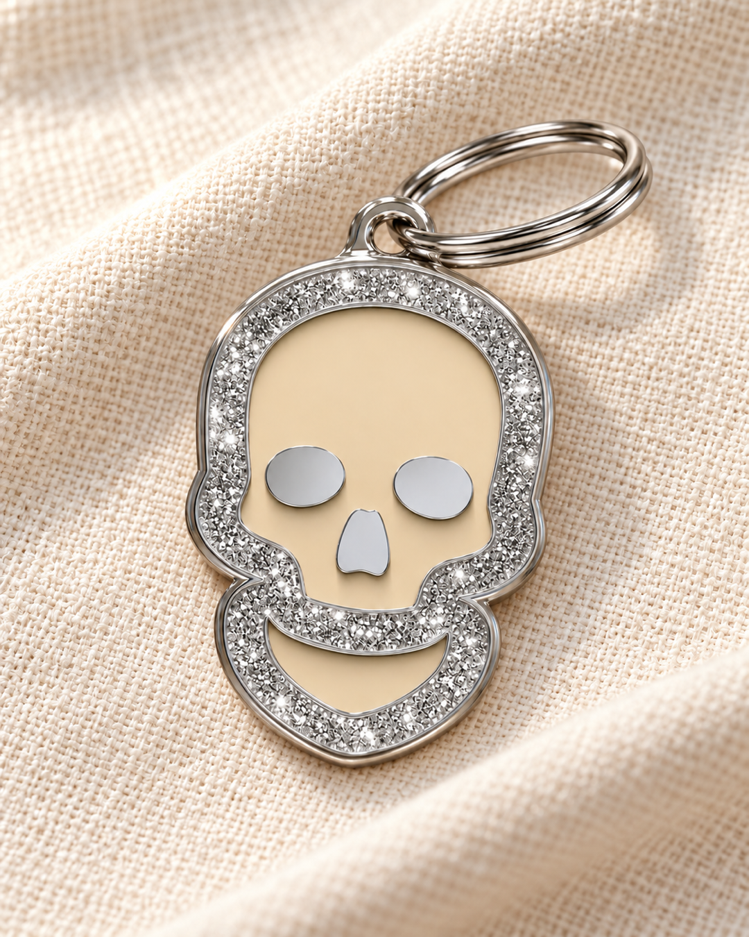 TAGiDOG Skull Spark Cream ID Tag dog ID tag on light linen