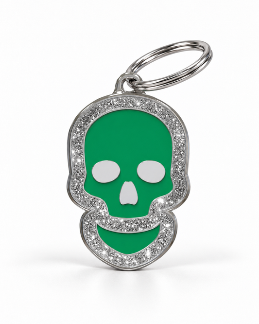 TAGiDOG Skull Spark Green ID Tag, front view on white