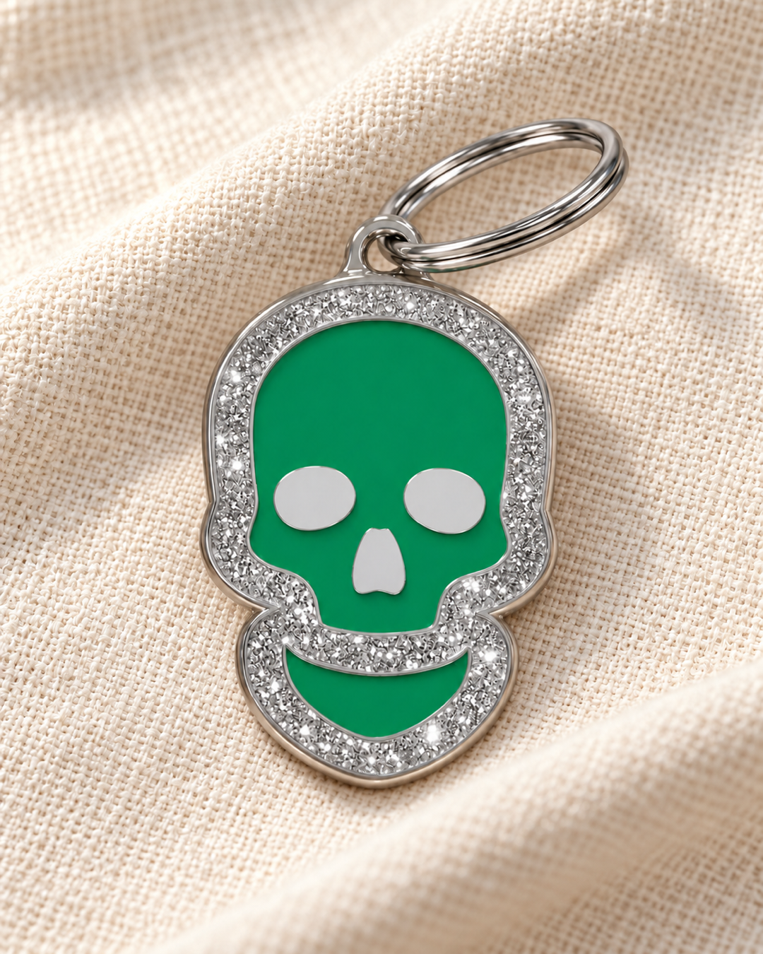 TAGiDOG Skull Spark Green ID Tag on light linen