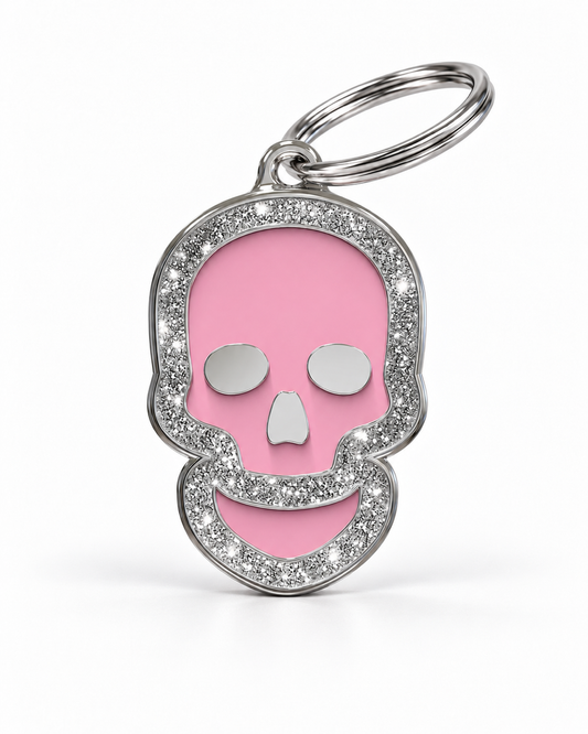 TAGiDOG Skull Spark Pink ID Tag, front view on white