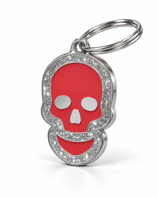 TAGiDOG Skull Spark Red ID Tag dog ID tag, angled view