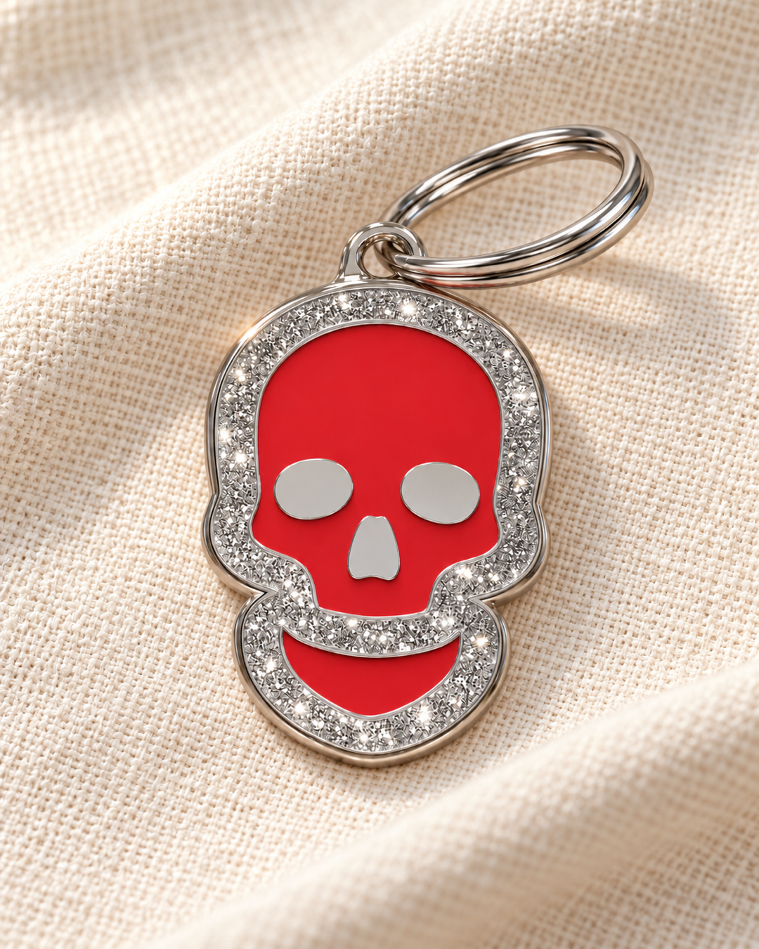 TAGiDOG Skull Spark Red ID Tag dog ID tag on light linen