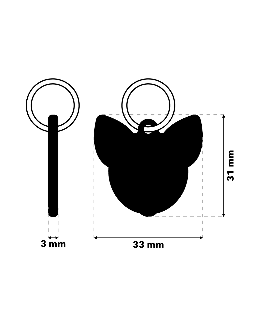 TAGiDOG Smooth Coat Chihuahua Dog ID Tag dimensions, 33 mm wide and 31 mm high, 3 mm thickness