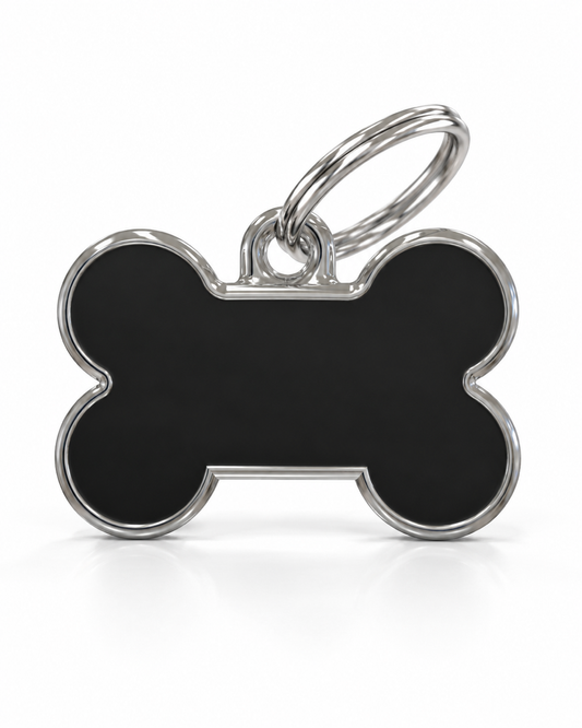 TAGiDOG Solid Bone Black ID Tag Small dog ID tag, front view on white