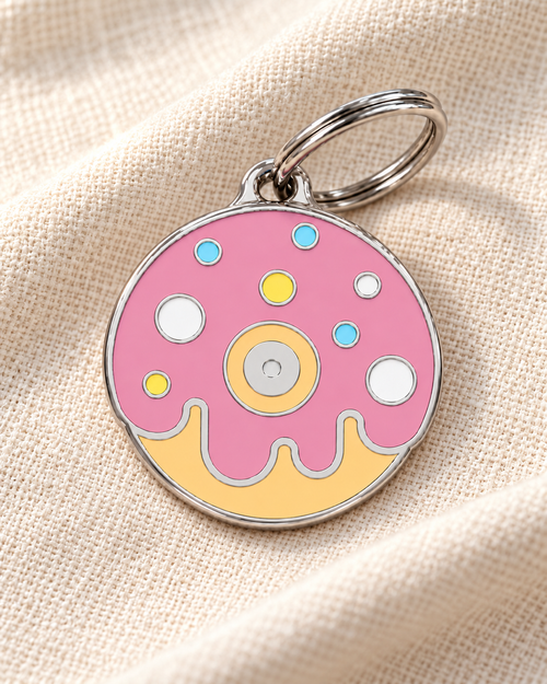 TAGiDOG Strawberry Donut ID Tag dog ID tag on light linen