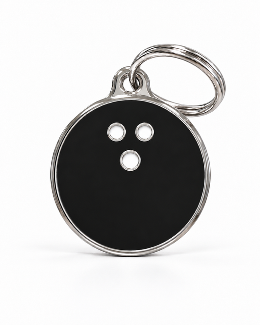 TAGiDOG Strike Black Bowling ID Tag dog ID tag, front view on white