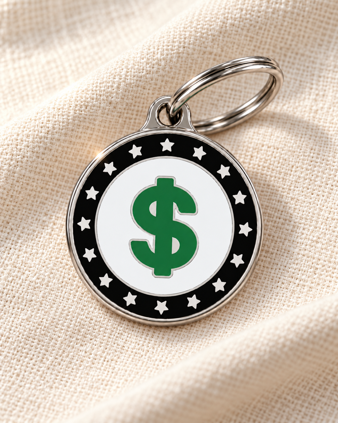 TAGiDOG USD Coin ID Tag dog ID tag on light linen