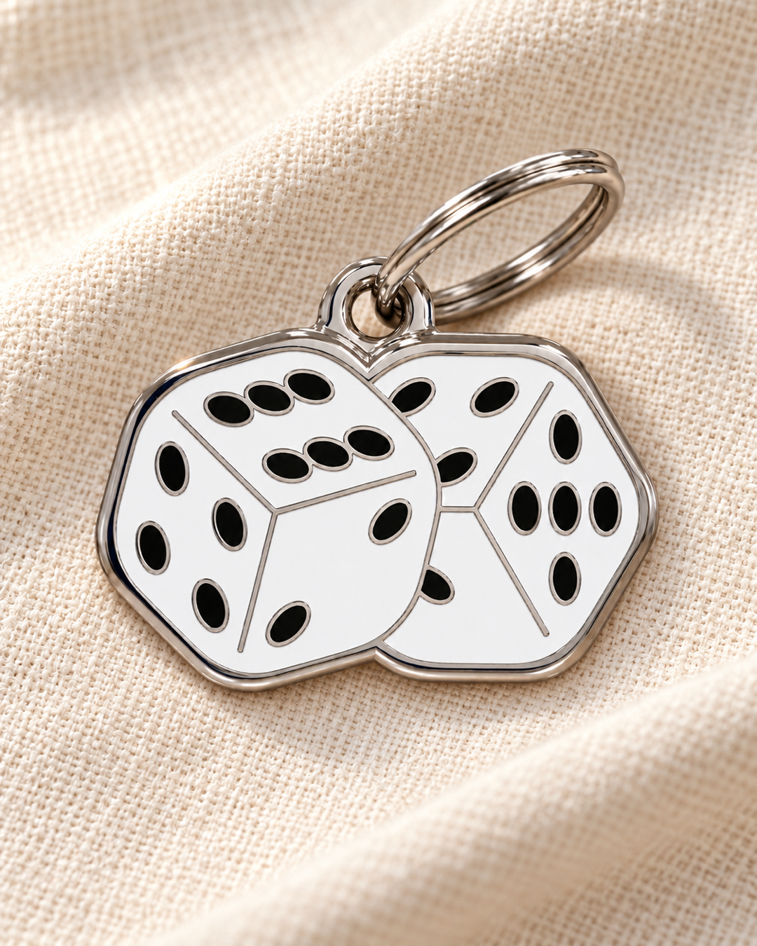 TAGiDOG Vegas Dice ID Tag dog ID tag on light linen