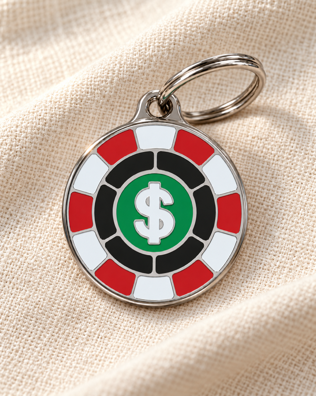 TAGiDOG Vegas High Roller ID Tag dog ID tag on light linen